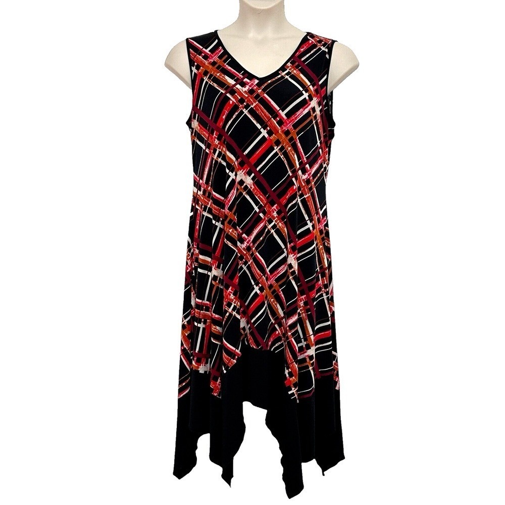 Luxology Womens Top Size 16 Black Red Abstract Plaid Sharkbite Hem Artsy Modern